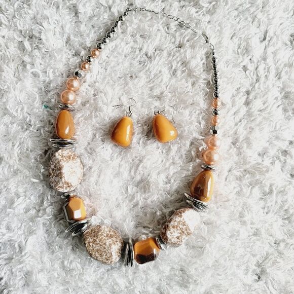 New! Beautiful neutral chunky stone necklace rust tan brown colors with earrings - Picture 5 of 8